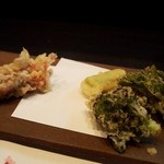 萌えぎ - 蛍烏賊と春の山菜（タラの芽、山うど）の天婦羅 2013年4月