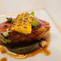 プレスキル - ⑥大阪鴨、炭焼き茄子のピューレ、焼き玉蜀黍載せ
                    大阪南部で飼育された合鴨は味わいが良く、地産地消ならではの食材選びと仕入れ
                    火入れも程好く合鴨の旨みが引き出されており、メイン料理として納得の仕上がり