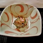 奥日光森のホテル - 先付（荏胡麻和え、筍、蕨、うるい、海老、花弁百合地）