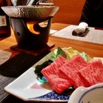 奥日光森のホテル - 銀鍋（豆乳しゃぶ、栃木和牛、レタス、榎木、若布、クレソン、豆腐、浅月、卸しポン酢）