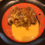 お席 みきち - 大アナゴの素揚げ 卵と醤油のソース (いや、本当デカかったのよ)