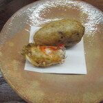 一本杉 川嶋 - ボタン海老の頭　加賀蓮根饅頭　揚げ物