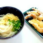 富士見うどん - かけうどん1.5玉￥320＆天ぷら(ささみ天、げそ天)各￥120