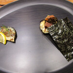 いまむら - ナメタカレイ、ソウハチカレイのカラスミ海苔巻き、サバ