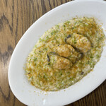 Cream risotto with Oyster, raw Oyster, and raw seaweed