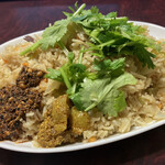 インディヤム - チャーハン
      屋敷にあったパクチーとアムラピクルスとタドゥカを添えました。