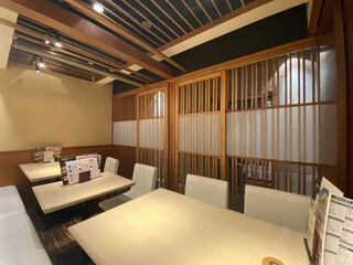 Sushi Uogashi Nihonichi - 通路側は縦格子のフェンス状になっていますが、
                        目の高さに板が張っており、通路からの視線を遮っています。
                        通気性とめかくし性の両方の性能を備えた、
                        現代のニーズに合わせた「個室」に進化したことで、
                        今後は今まで以上に、お客様にゆったりとお寛ぎいただけます。
                        
                        個室は仕切りの壁を外し、最大１８名様までご利用いただけます。
                        是非ともご利用ください。ご予約お待ちしております。