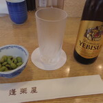 Houraiya - ビールの小瓶　おつまみは枝豆剝いたものに醤油