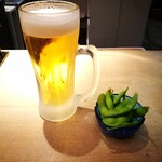 元祖美唄やきとり 福よし - Aセット　ビール、枝豆