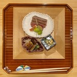 料理屋そうびき - 比婆牛サーロイン いちじく、さつまいも、銀杏 / シャインマスカット 白和 / 愛知のうざく（ハ寸）