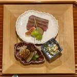 料理屋そうびき - 比婆牛サーロイン いちじく、さつまいも、銀杏 / シャインマスカット 白和 / 愛知のうざく（ハ寸）