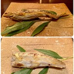 たでの葉 - 上：岐阜県高原川天然鮎
      こちらは頭から尾まで丸々いただきます。
      
      下：熊本県川辺川天然鮎
      高原川の鮎よりも大きな為、頭と骨を取り除いてます。
      
      たで酢も用意してあります♪
