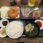 わ楽 - ①シマアジ刺身、鮪のタタキとチキンカツなど　9/10