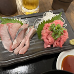 わ楽 - ①シマアジの刺身、鮪のたたき