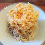 ろあん松田 - 第三のお蕎麦(そば実と殻も一緒に粗挽きした蕎麦)に大根おろしと海老のかき揚げを乗せてつゆをかける