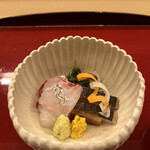 赤坂 菊乃井 - 昼懐石１５７３０円。明石天然鯛、さごし焼霜。こちらも大好きなさごし焼霜です。きめ細かい身質で、板ポン酢とも相性バッチリで、とーっても美味しくいただきました（╹◡╹）（╹◡╹）
