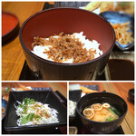 Toukyou Ebisu Kushitei Hakata Kuuten - ◆ご飯も美味しい、ちりめんがのせられているのはいいですね。 ◆お味噌汁も普通に美味しい。 ◆サラダと金平牛蒡添え。
