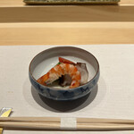 Sushi Shimizu - 天然車海老、師崎産じだこ、キュウリ、トマトの酢の物