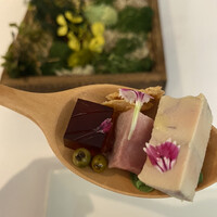 IZA - スプーン
                    フォアグラテリーヌ、グリーンペッパー、ミリンのゼリー、アーモンド、鴨肉、茗荷の酢漬け