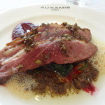 オザミトーキョー - 2013/04   カモ胸肉のロースト　ﾋﾞｰﾂのｸｰﾘｰとふきのとうのﾗｳﾞｨｺﾞｯﾄ　ｵﾚﾝｼﾞ香る泡のｱｸｾﾝﾄ