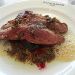 オザミトーキョー - 2013/04   カモ胸肉のロースト　ﾋﾞｰﾂのｸｰﾘｰとふきのとうのﾗｳﾞｨｺﾞｯﾄ　ｵﾚﾝｼﾞ香る泡のｱｸｾﾝﾄ