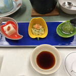 八幡屋 - 前菜　美味旬菜　青梅のジュレ　ずんだのマスカルポーネ　アスパラ豆腐