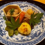 割烹 渡邊 - 鱧の南蛮漬け、無花果、子持ち鮎、車海老、栗、茶豆