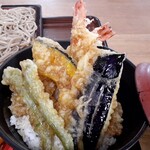 湯蕎庵　味津肥盧 - ご飯は少なめだが、揚げたてサクサク大きな海老天が2本とナス、カボチャそしてササゲが2本。