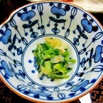 那須温泉　山楽 - 先付（酒盗和え、野蒜、行者にんにく、根三つ葉、烏賊、花山椒）