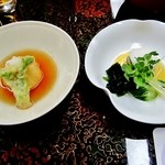 那須温泉　山楽 - 強肴（新じゃが饅頭、鶏挽肉、チーズ、タラの芽、美味だし汁）