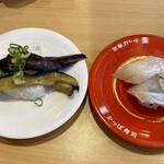 かっぱ寿司 - 茄子揚げ浸しとヒラメ