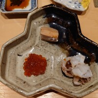 鮨 はしもと - 珍味三種盛（鮟肝、筋子の味噌漬、新烏賊の下足）