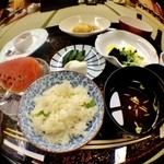 那須温泉　山楽 - 食事（豆御飯）香物、止椀、水菓子