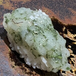 184744921 - 富山の白海老です。静岡の山の息吹という茶葉で〆ました。トッピングの白い粉は塩です