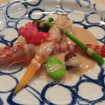 Kaiseki Nagata - 先付・車海老と平目と春野菜のゴマだれ