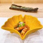 蕎麦割烹  倉田 - 才巻海老、白だつ（胡麻の白和え)、無花果、枝豆、原木舞茸、ミズ