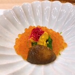 蕎麦割烹  倉田 - 新イクラ、モロヘイヤ、菊花弁、原木椎茸