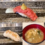 寿司安 - 本鮪の大トロ、貝柱、お味噌汁　（大トロ、、絶品）