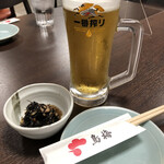 鳥梅 - 生ビール、お通し