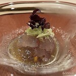 御料理 寺沢 - 釣り鯵と菊花､トレビスに針胡瓜と赤紫蘇の土佐酢ジュレがけ