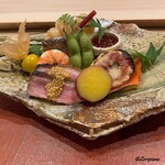 御料理 寺沢 - 鮎魚女の南蛮漬､太刀魚炭火焼､鴨ロース炭火焼､食用酸漿､車海老に黒豆の枝豆､いくら醤油漬､無花果の胡麻だれ焼､薩摩芋の蜜煮