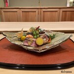 御料理 寺沢 - 鮎魚女の南蛮漬､太刀魚炭火焼､鴨ロース炭火焼､食用酸漿､車海老に黒豆の枝豆､いくら醤油漬､無花果の胡麻だれ焼､薩摩芋の蜜煮
