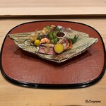 御料理 寺沢 - 鮎魚女の南蛮漬､太刀魚炭火焼､鴨ロース炭火焼､食用酸漿､車海老に黒豆の枝豆､いくら醤油漬､無花果の胡麻だれ焼､薩摩芋の蜜煮