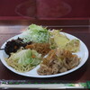レストラン 三貴 - 料理写真:豚肉としらたき煮、塩焼きそば、野菜の天ぷら、切り干し大根の煮物、ひじきの煮物、キャベツ、レタス、胡瓜、紫玉ねぎ、人参のサラダ