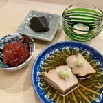 日本橋蛎殻町 すぎた - あん肝 鮑の肝の味噌漬け 筋子の味噌漬け