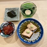 日本橋蛎殻町 すぎた - あん肝 鮑の肝の味噌漬け 筋子の味噌漬け