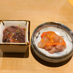 東麻布 天本 - ホタルイカ沖漬け、ばくらい酒盗、しろえび