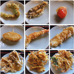 魚久 - 【上段】左から万願寺唐辛子、茄子、パプリカ　【中段】左から玉ねぎ、海老、イカ　【下段】左から舞茸、かきあげ1、かきあげ２