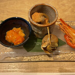 Chisouya Suwan - 7000円コース　お通し、ホヤの塩辛、つぶ、海老、秋ジャケの南蛮漬け