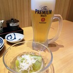 海鮮炙り屋 いぶき地 - ２杯目ビールと焼きなすのお浸し